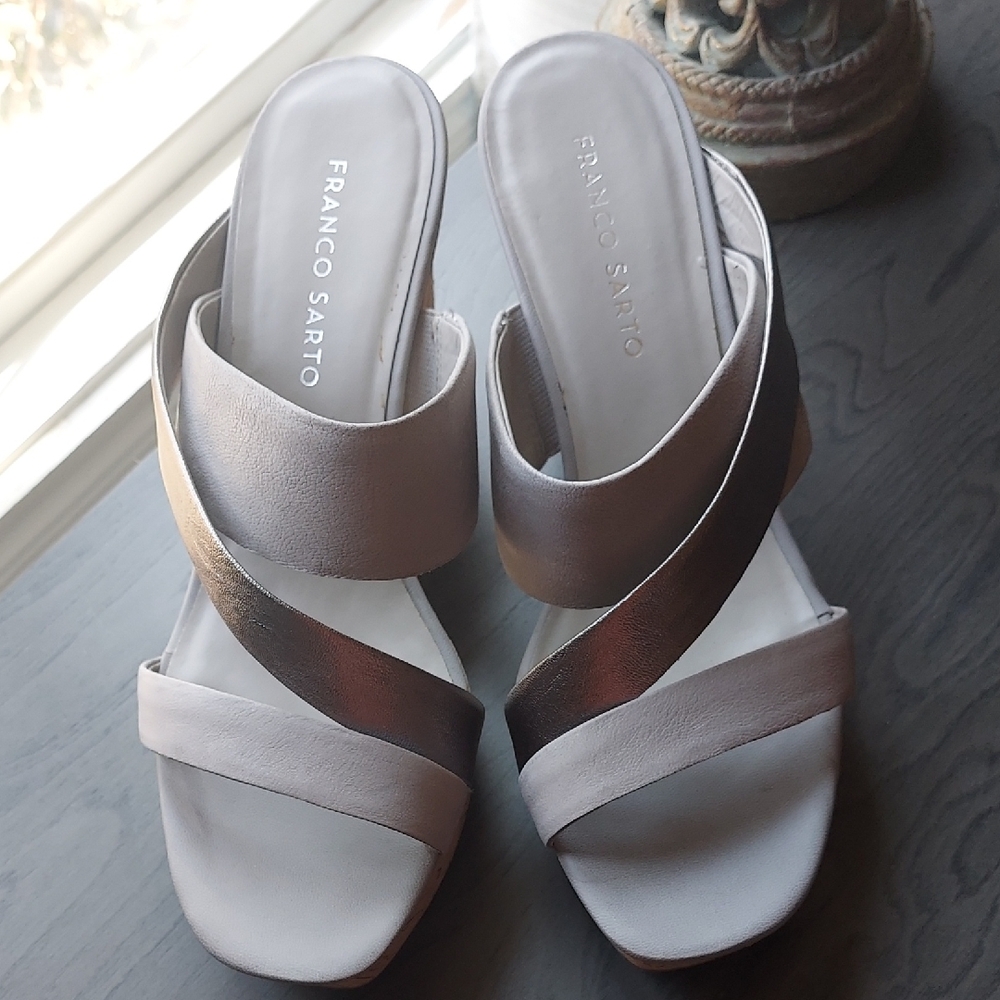 New Franco Sarto Women's Leather  Silvery Gray Wedge Sandals Size 8 1/2